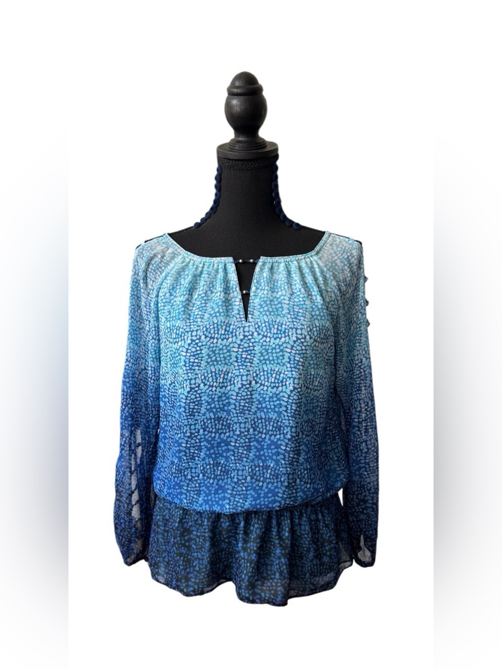 White House Black Market: Ombré Blue & White Blouse W/ Cut Out Beaded Sleeves